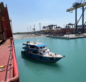 TSS dive boat at a container terminal