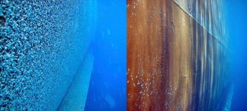 Ship hull before and after underwater cleaning